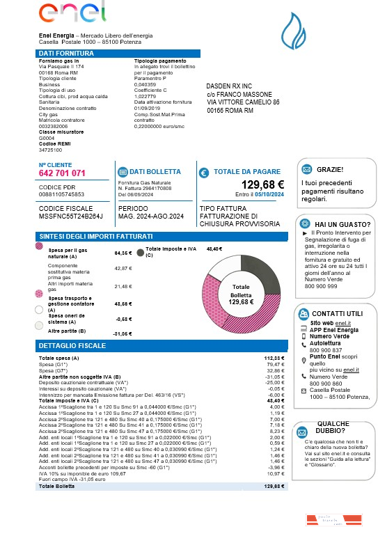 Italy Enel Energia business utility bill template in Word and PDF formats